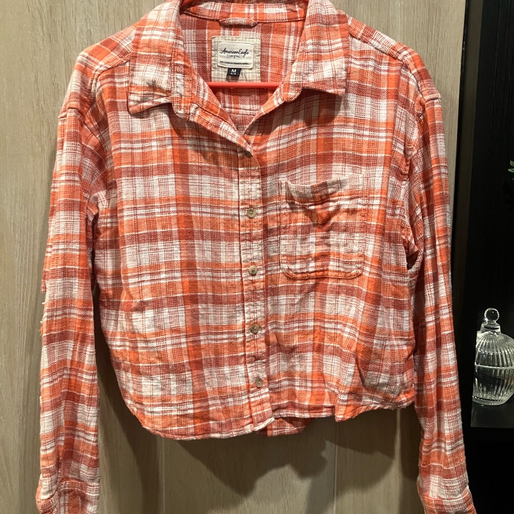 American Eagle Orange Plaid Button-Up Shirt